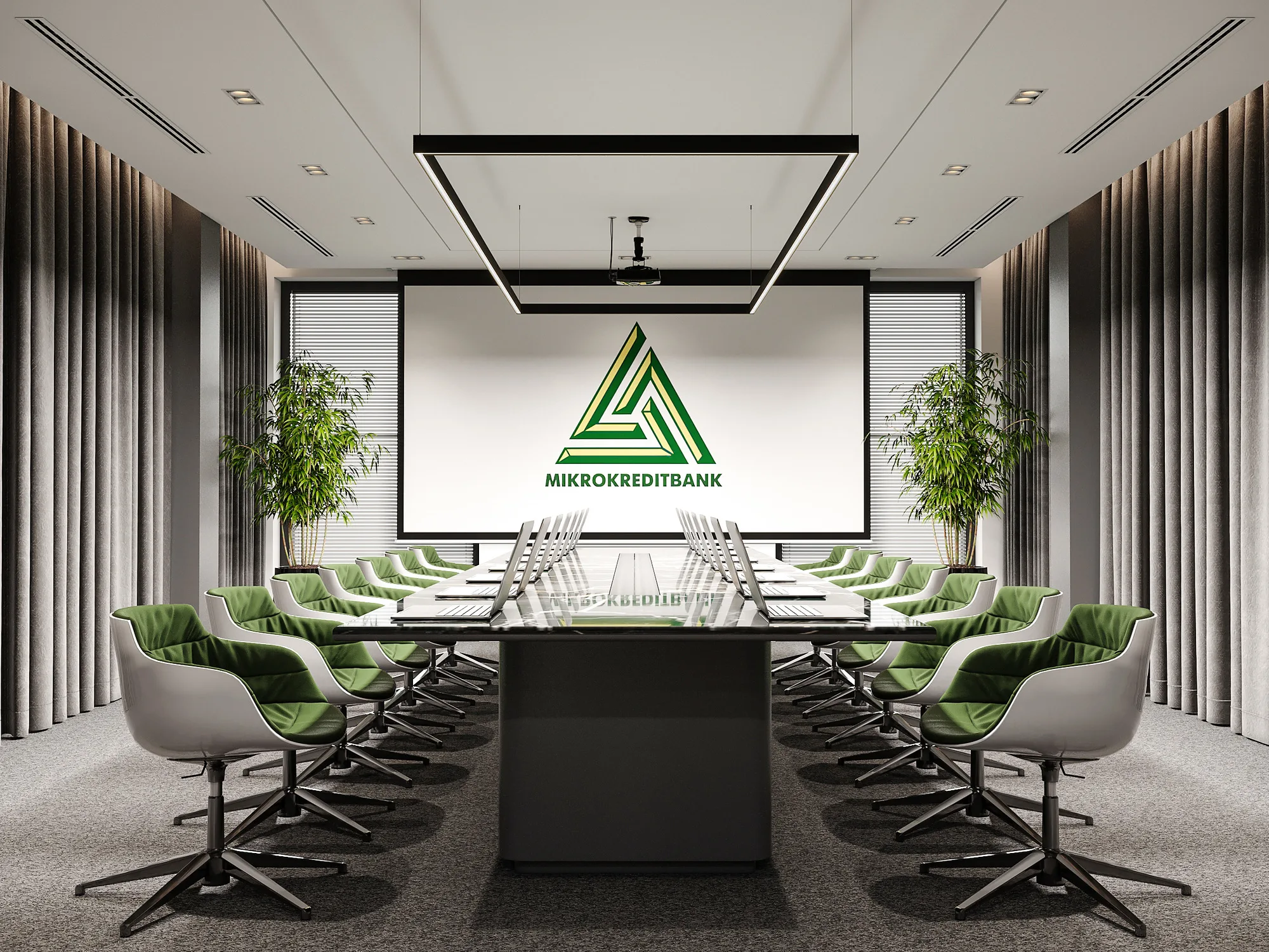 Conference hall of Mikrokreditbank: a twenty-seat table, the projection screen with the bank logo and green chairs — SAD studio