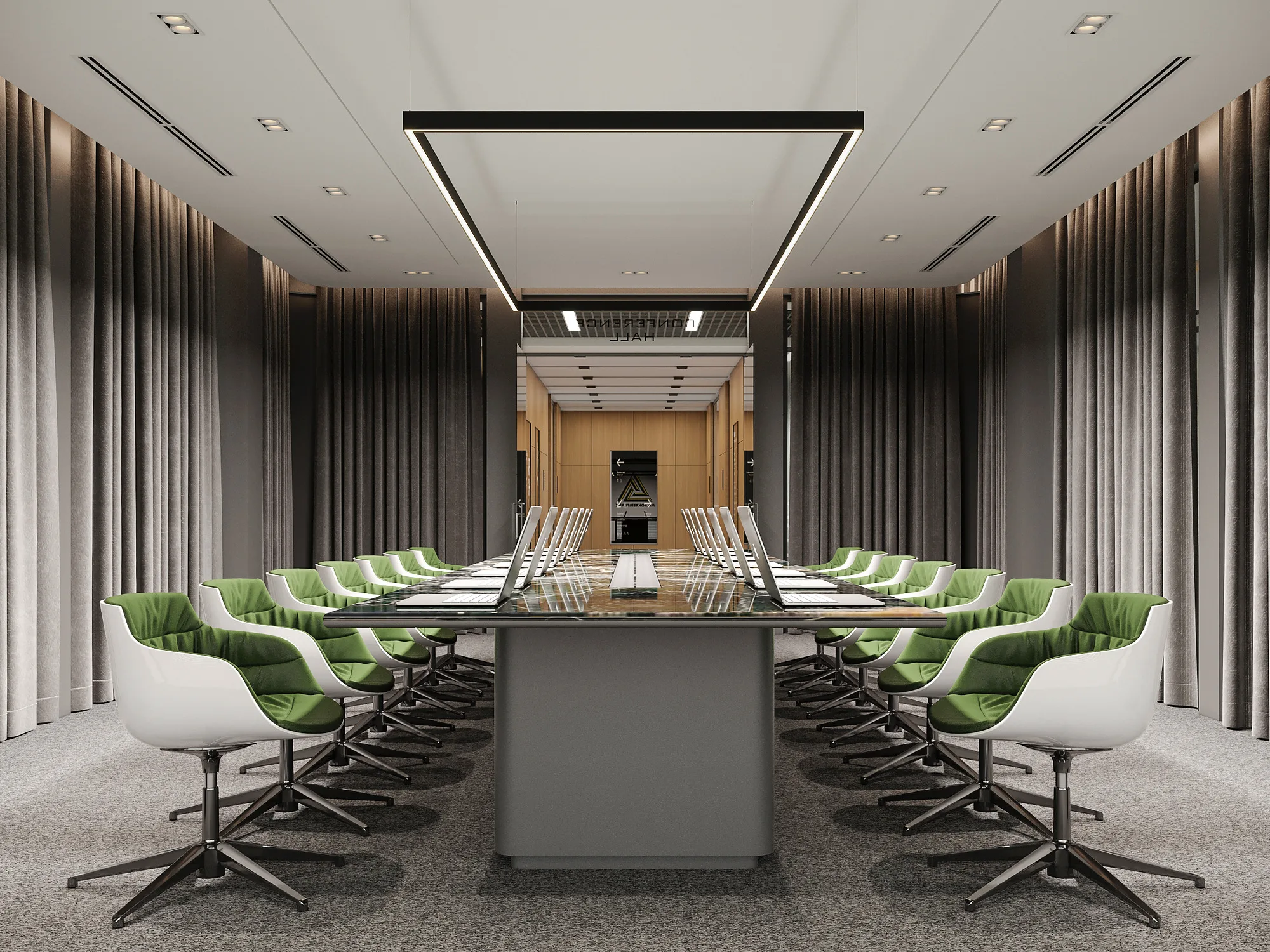 Meeting room of Mikrokreditbank: the long table, green chairs and a light frame in the ceiling — SAD studio