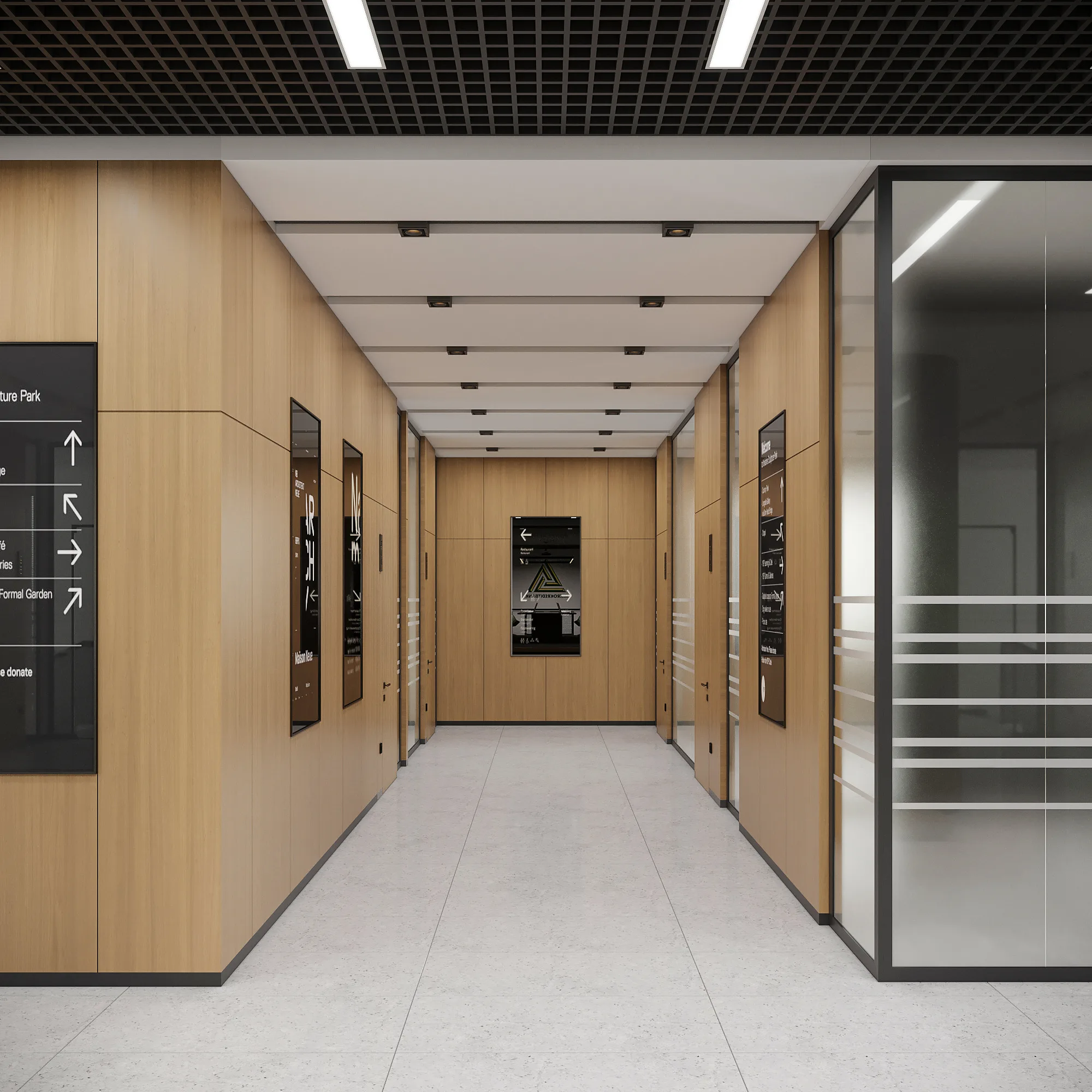 Lift hall of Mikrokreditbank: timber panels, the ATM zone and an information board — SAD studio