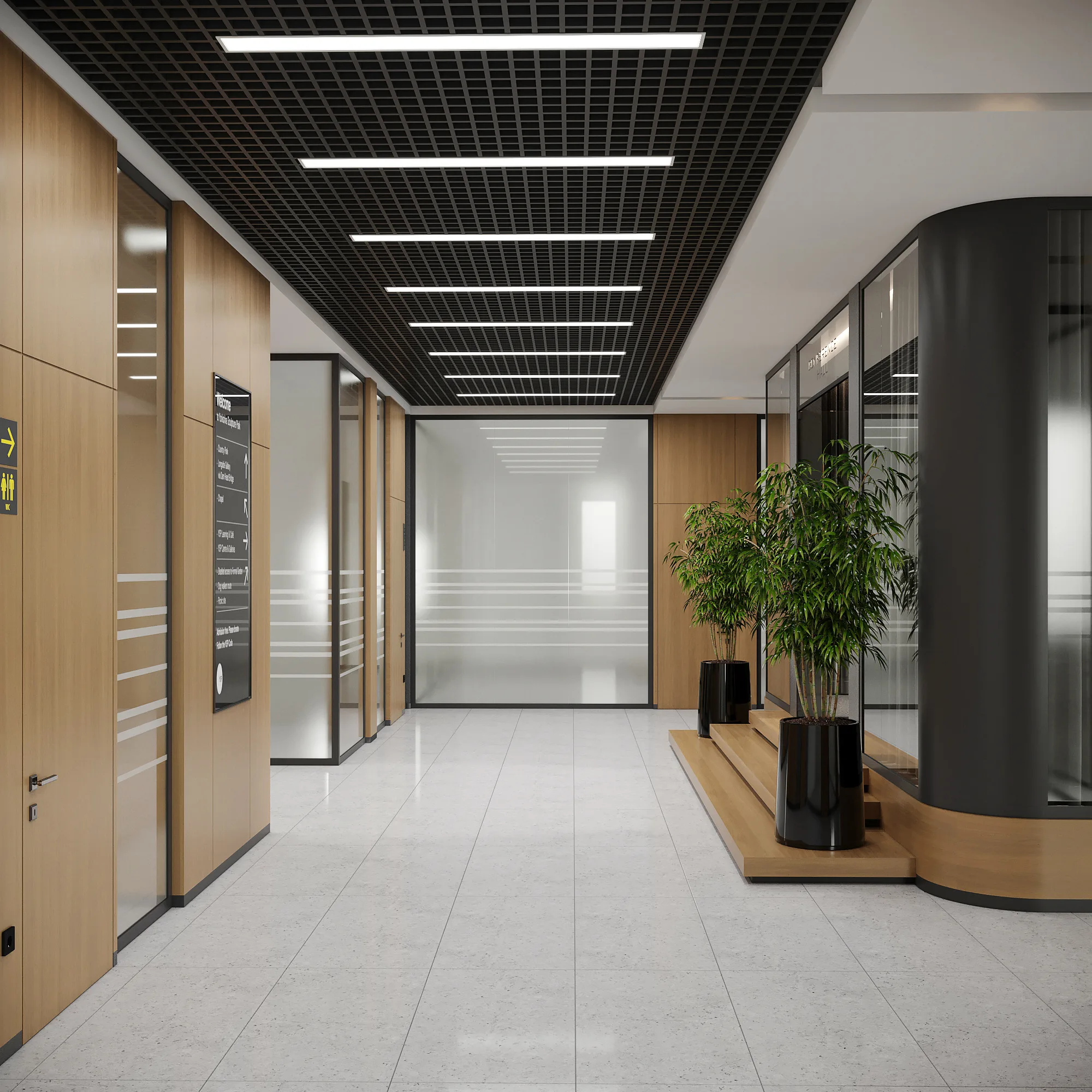 Passage by the lifts at Mikrokreditbank: a slatted ceiling, timber cladding and planters — SAD studio
