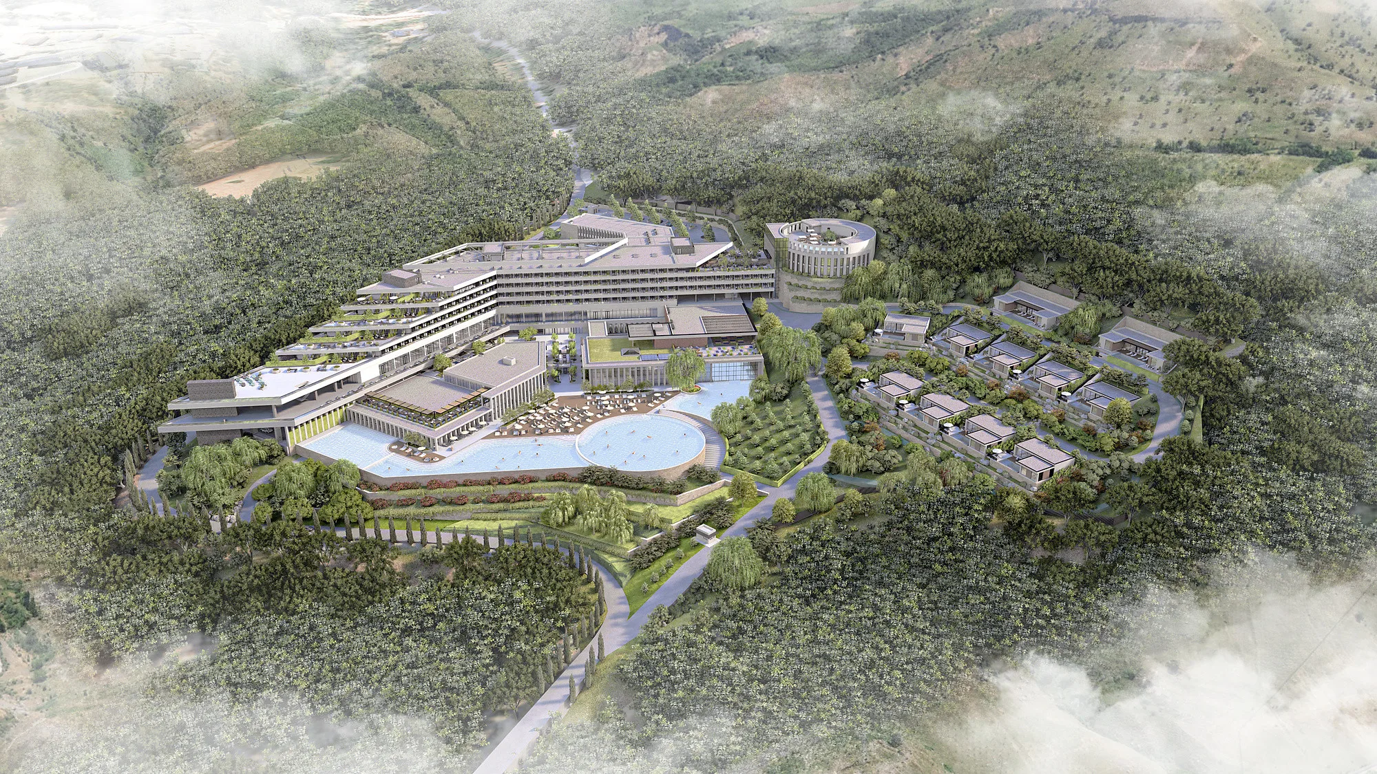The complex in the mountain forest, from above