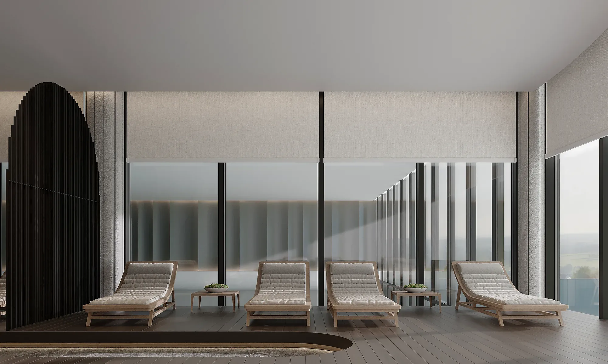 The spa: loungers by the panoramic glazing
