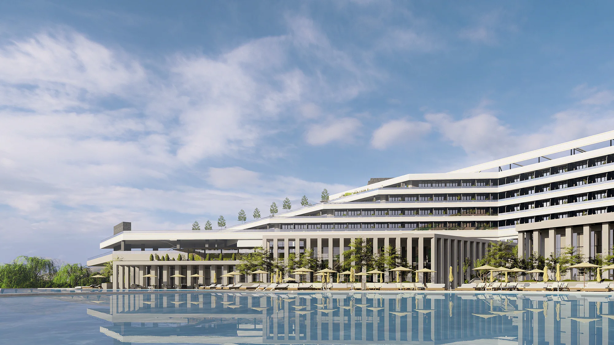 A mountain resort in the Bostanlyk district: the building along the slope, with its pool