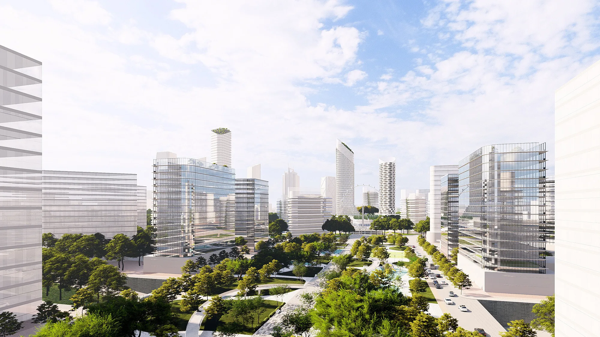 A panorama of the district: the green boulevard between the blocks and the towers of the business core