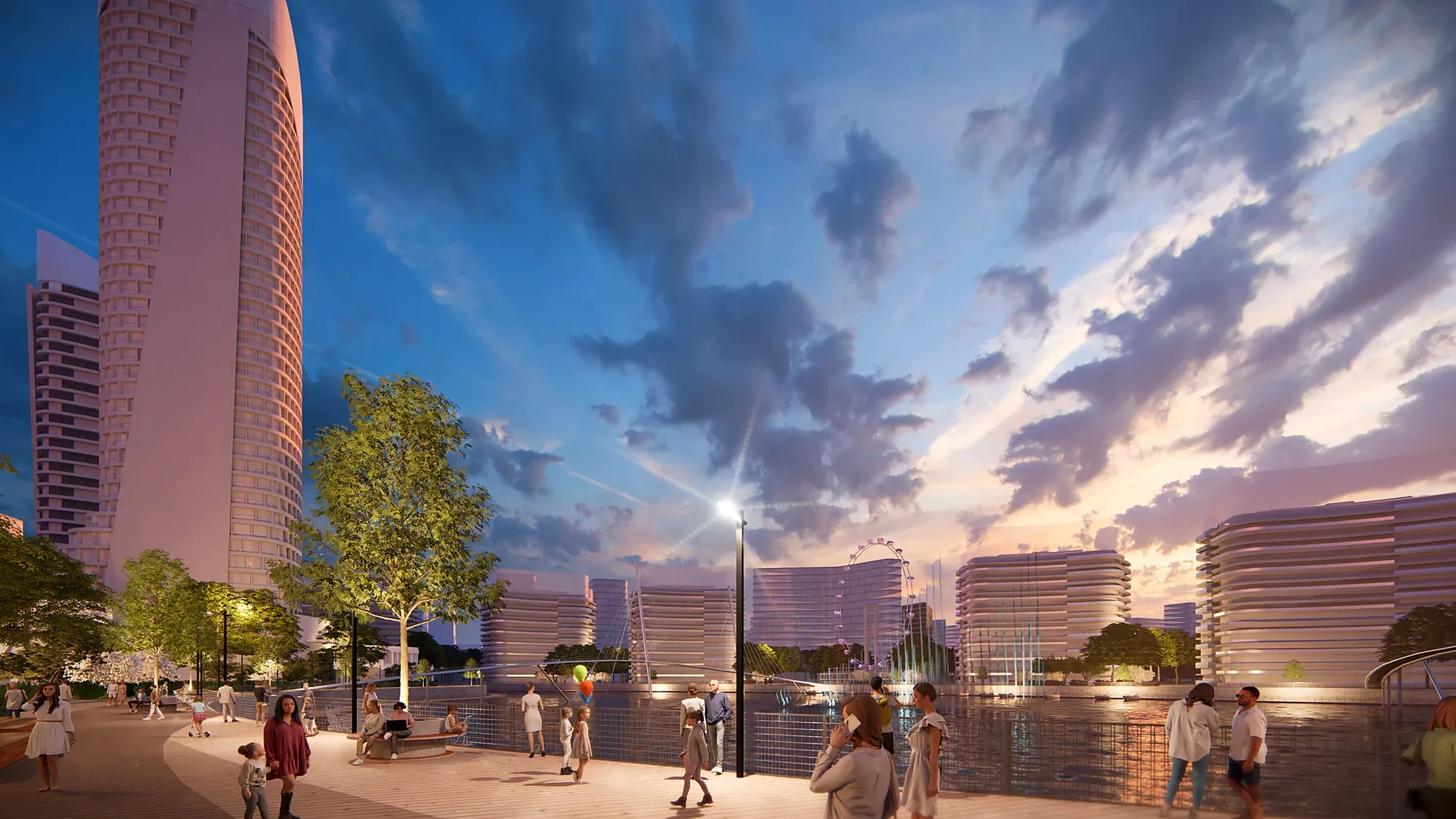 The quarter in the evening: the public spaces lit