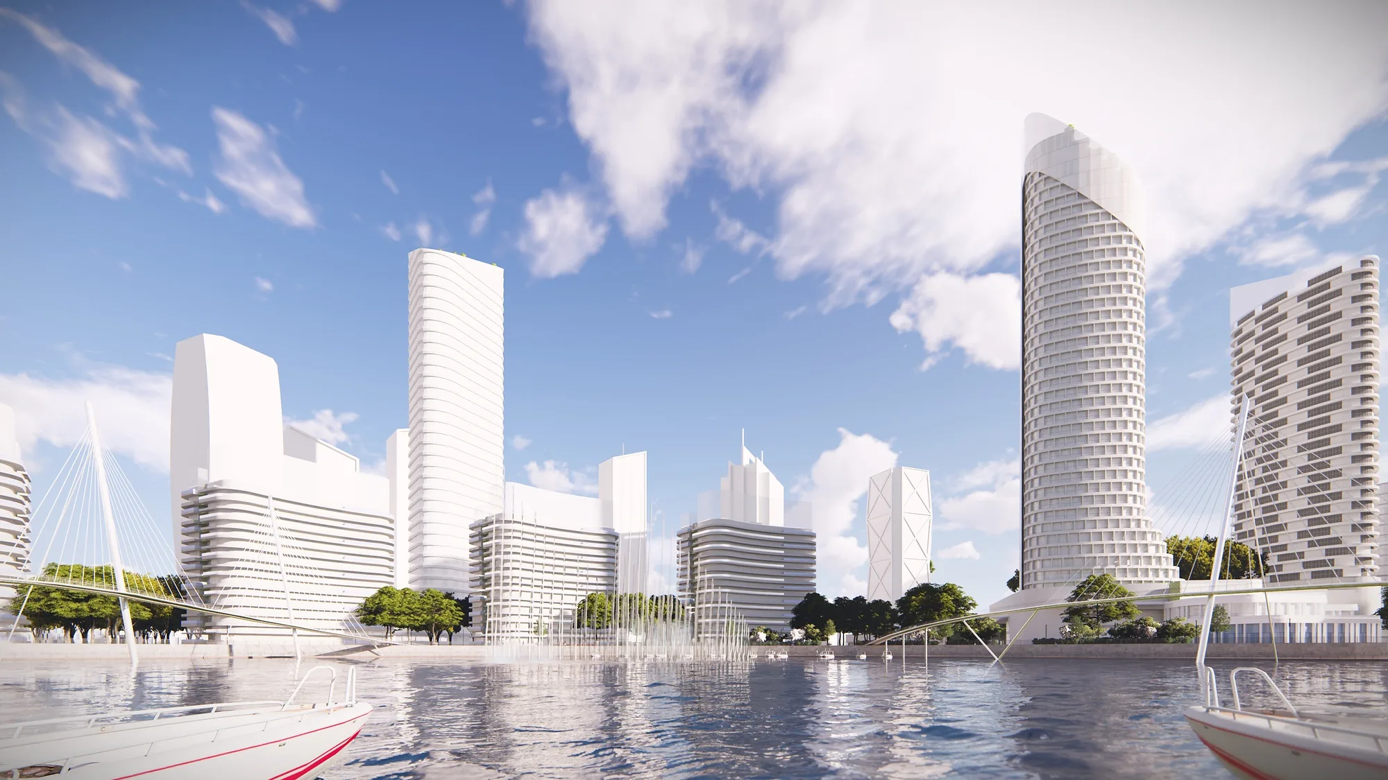 The district towers by the water: glazed volumes and the embankment