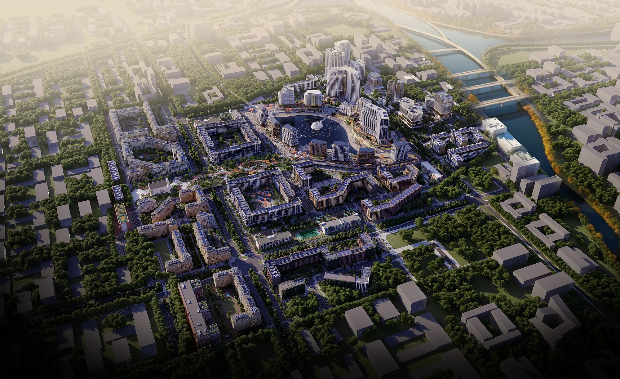 Oasis City by day from above: the blocks, green courtyards and the canal along the edge of the site