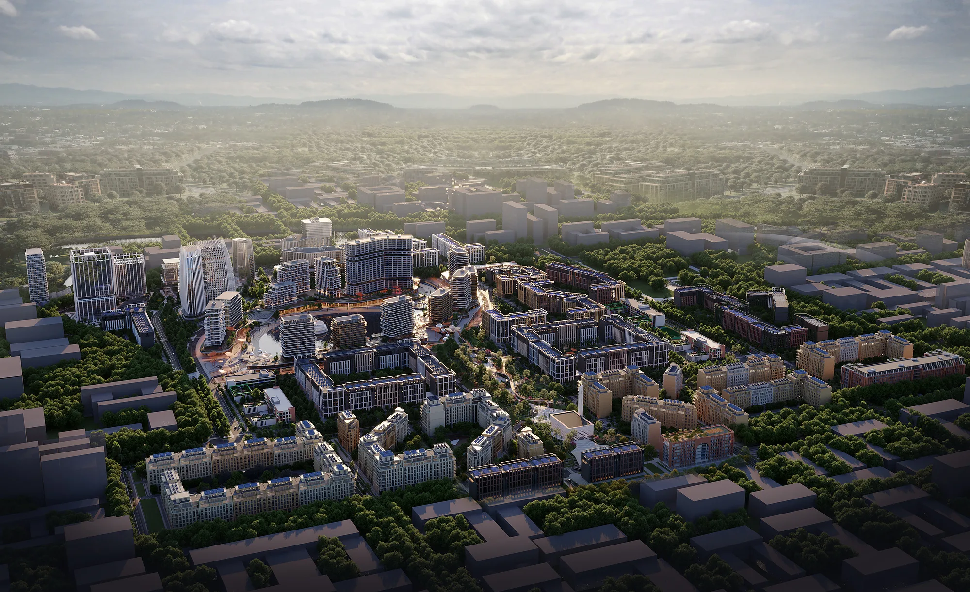 Oasis City in morning haze: blocks, boulevards and mountains on the horizon