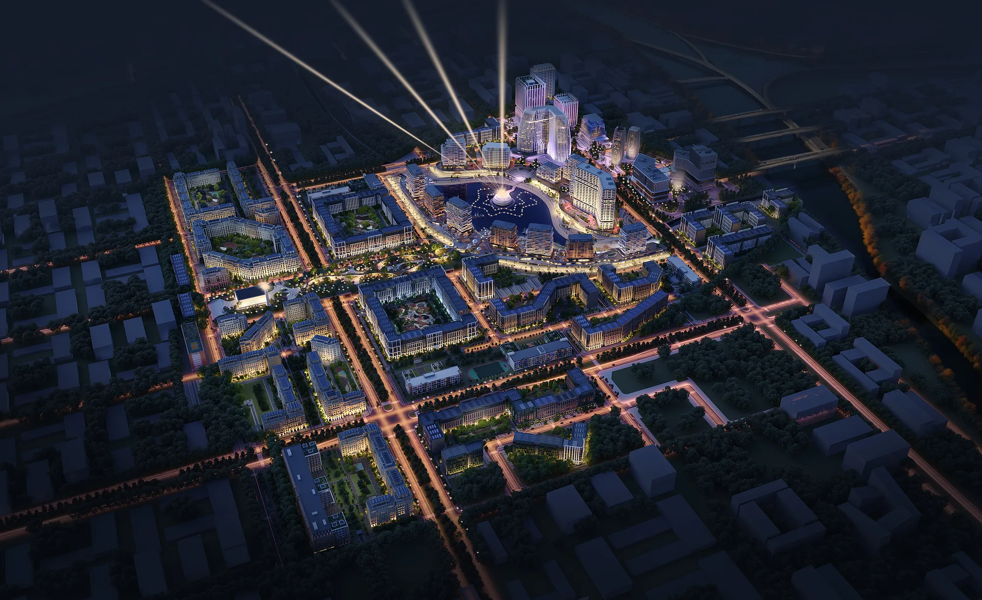 The 80-hectare Oasis City district at night: the lit centre with light beams, the square and surrounding blocks