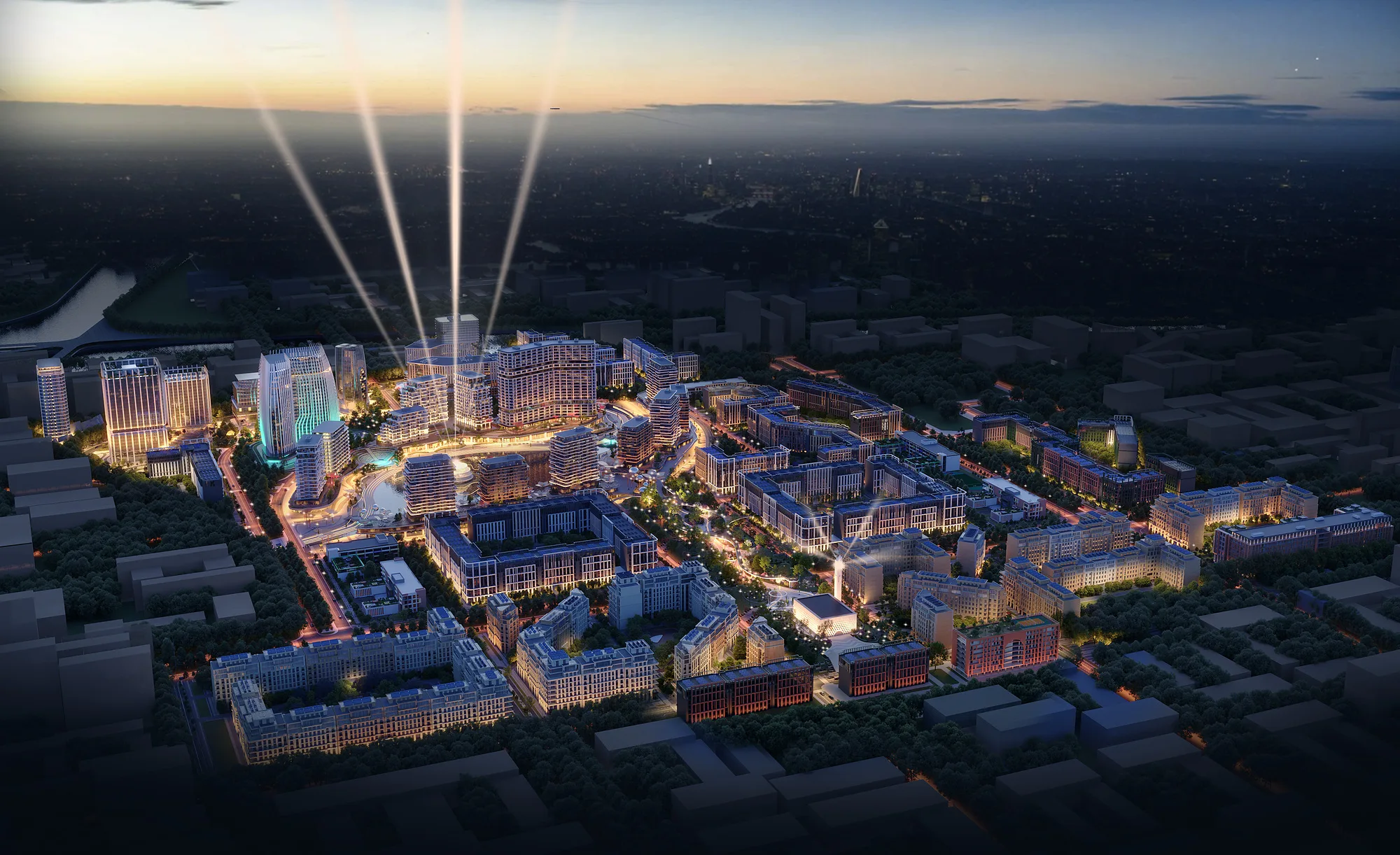 Oasis City at sunset from above: the lit core of the district and the city to the horizon