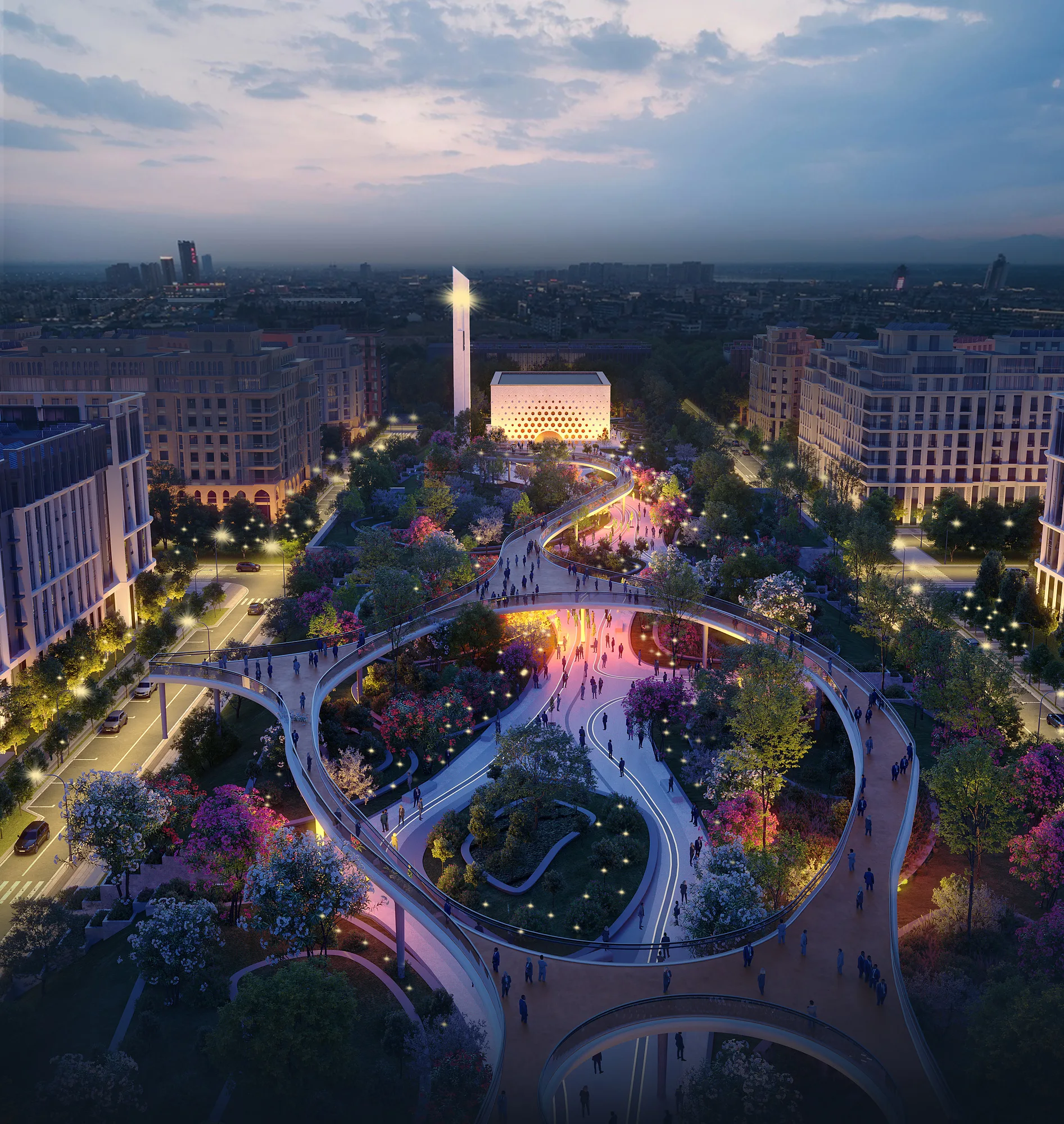 The central park of Oasis City in the evening: lit paths, flower beds and the footbridge