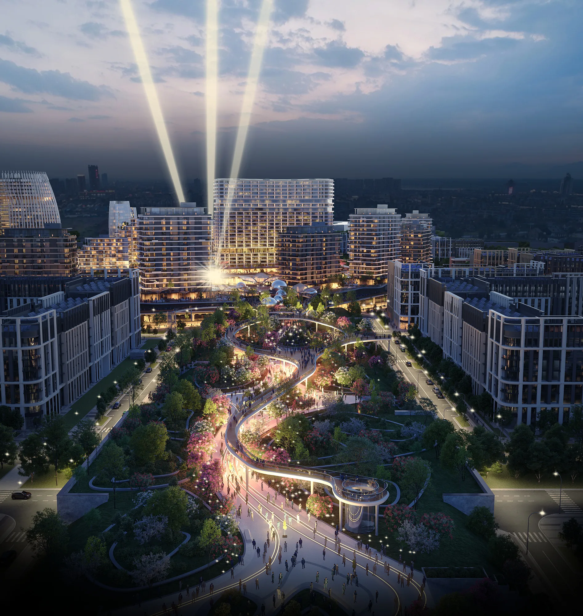 The square and park of Oasis City at night: light beams over the centre and lit alleys