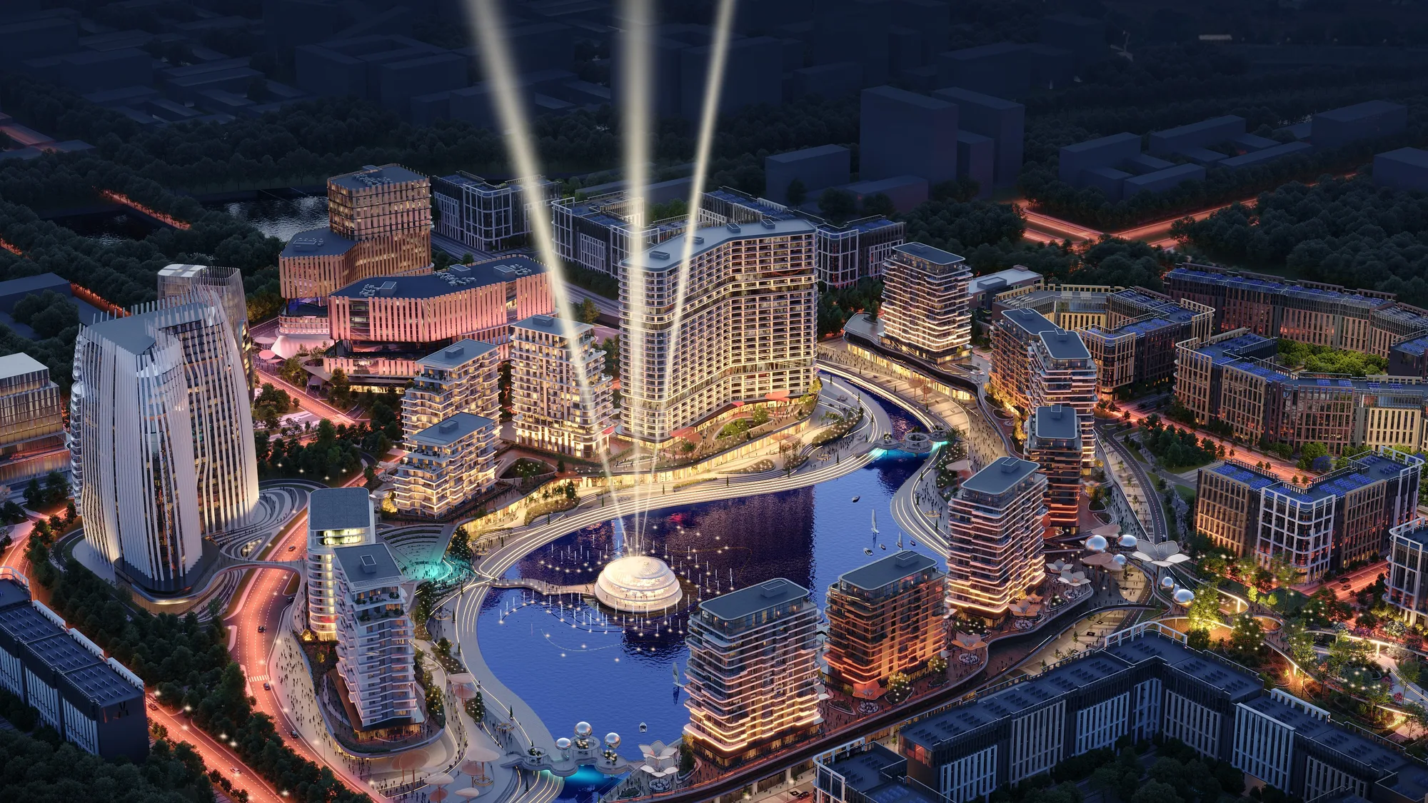 The waterfront square at sunset in the Oasis City masterplan — a SAD project