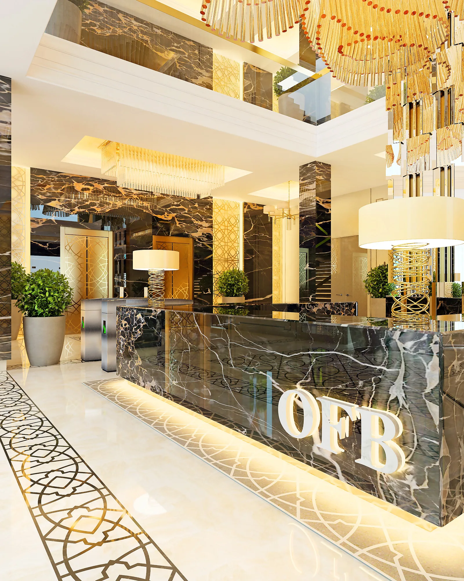Entrance hall of OFB bank in Tashkent: the dark marble reception desk with the logo and a gold chandelier above — SAD studio