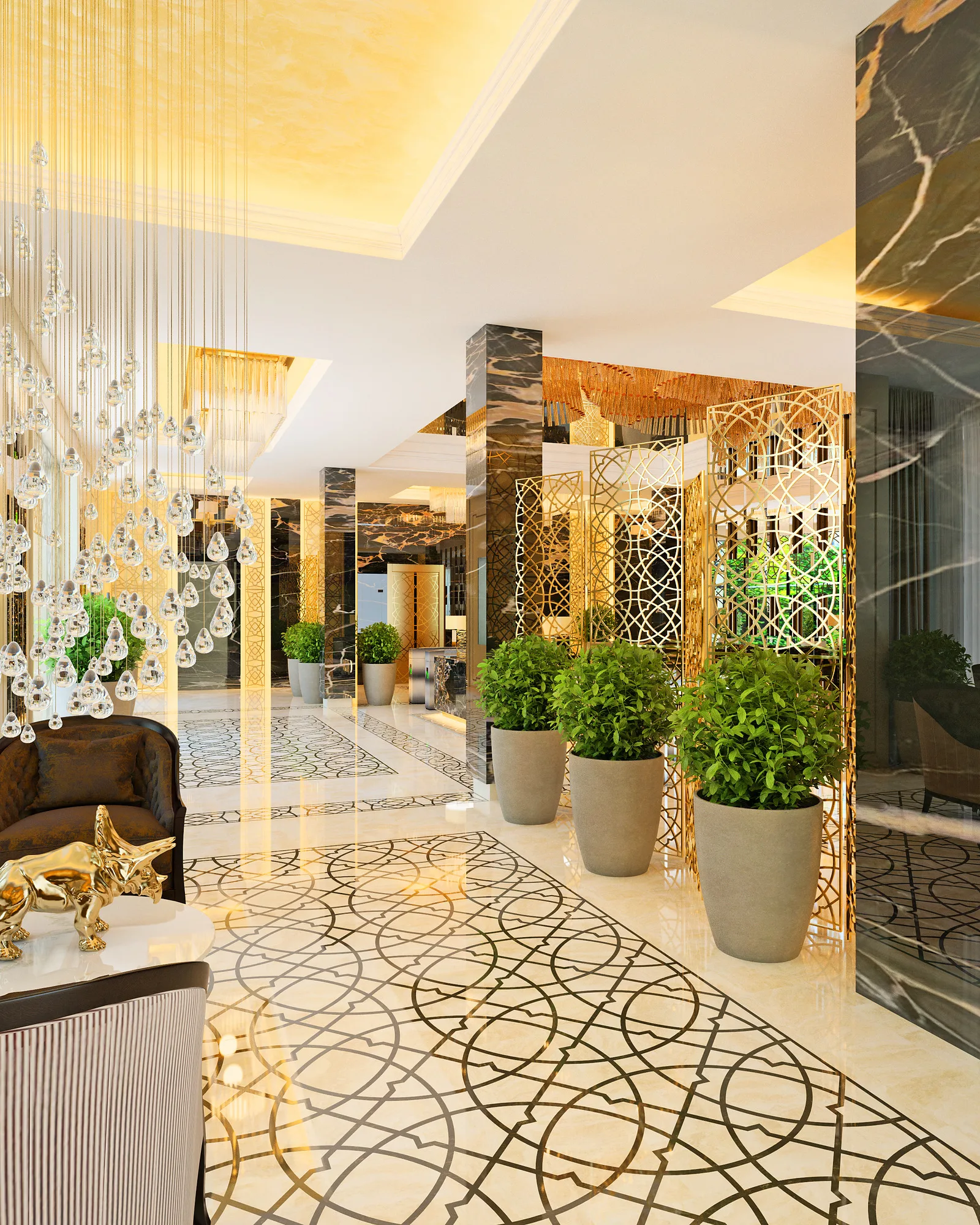 Hall of OFB bank in Tashkent: the inlaid marble floor with eastern ornament, the waiting area and planting — SAD studio