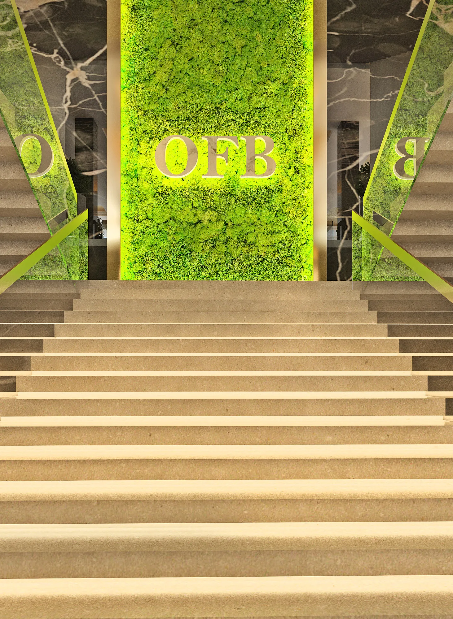 Main stair of OFB bank in Tashkent: marble flights and the logo on a green wall — SAD studio