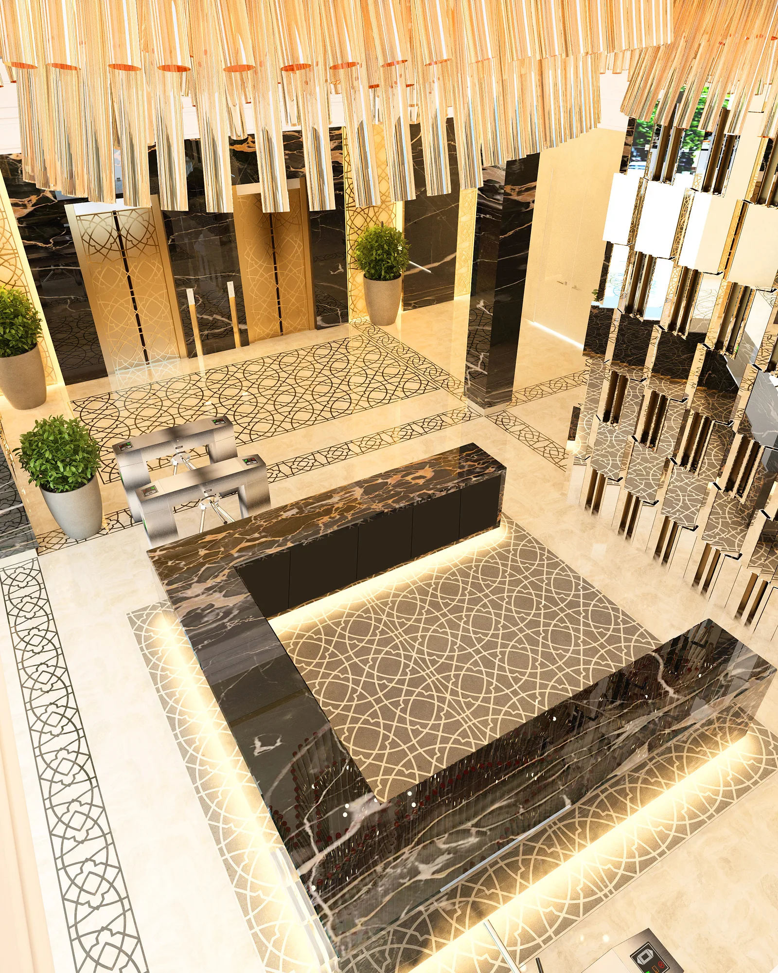 Hall of OFB bank from above: the pattern of the inlaid floor, brass pendants and waiting areas around the core — SAD studio