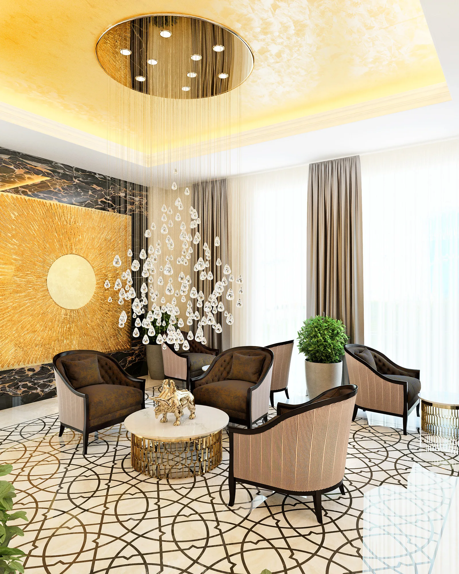 Waiting area of OFB bank in Tashkent: armchairs by the window, a round table and a suspended ceiling composition — SAD studio