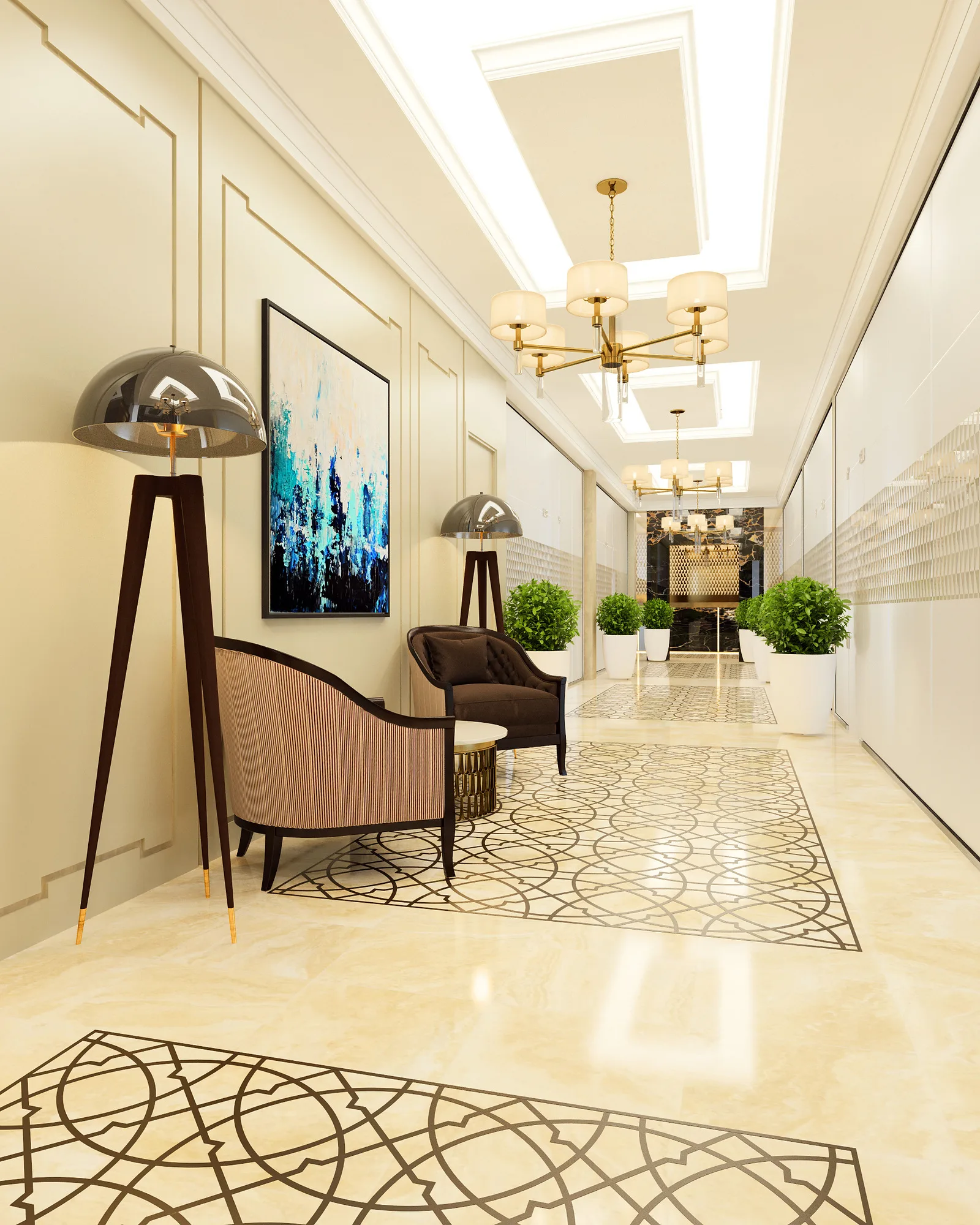 Corridor of OFB bank in Tashkent: the patterned inlaid floor, brass lights and an armchair by the wall — SAD studio