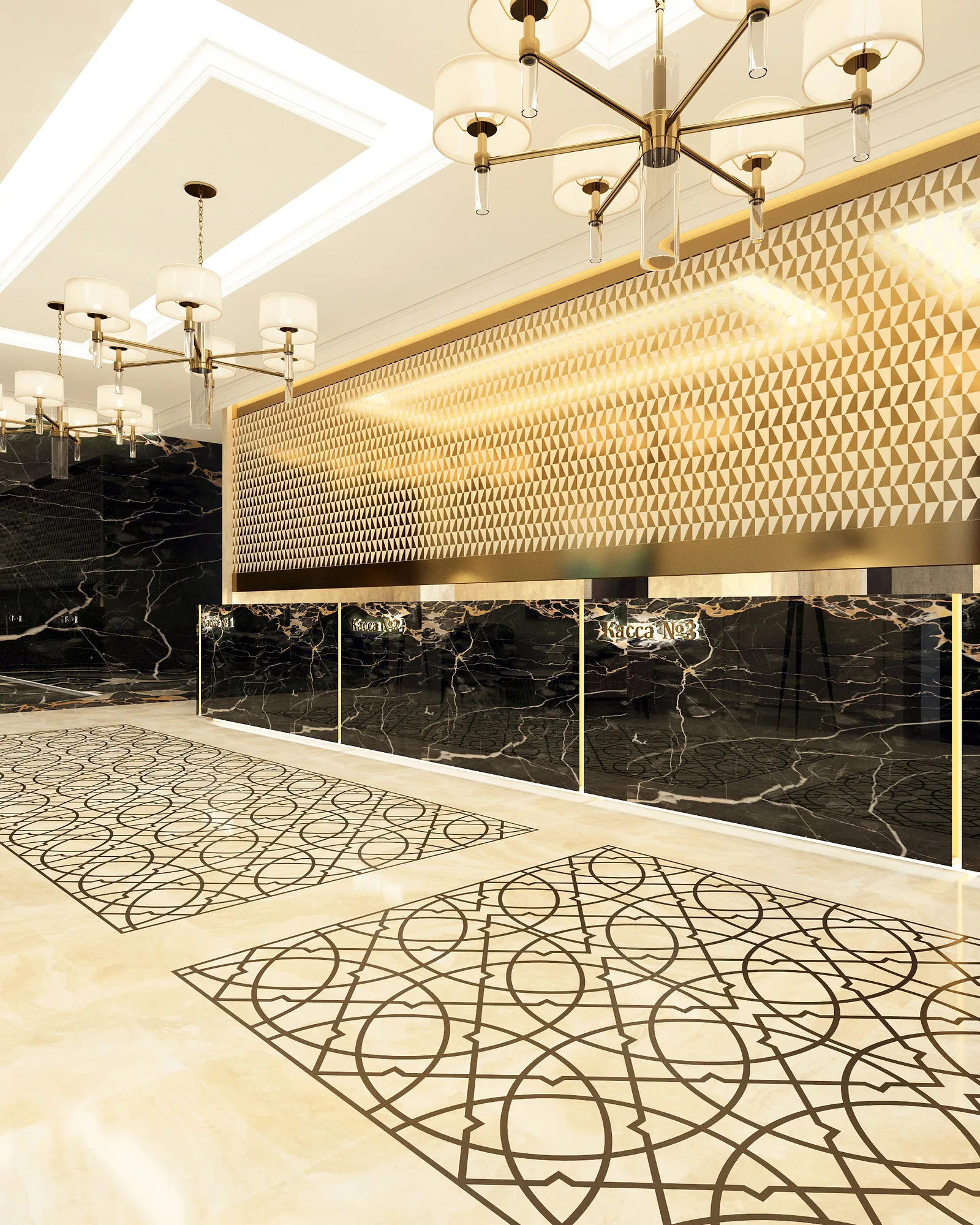 Management-floor passage at OFB: a brass screen with eastern pattern under the ceiling and marble walls — SAD studio