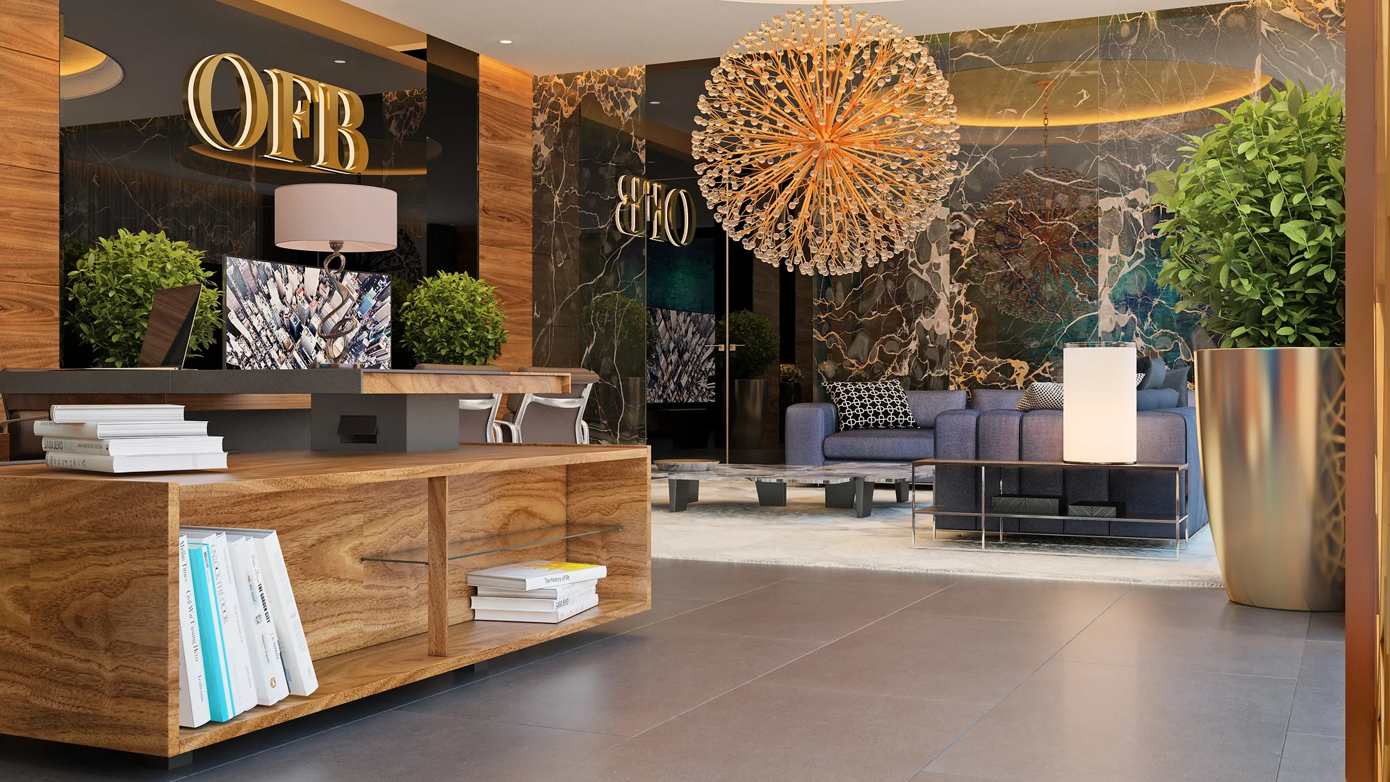 Management office of OFB bank: the logo on a dark marble wall, the desk and a walnut shelving unit — SAD studio