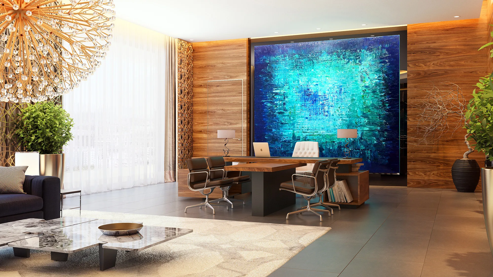 OFB bank office with a meeting table: a blue artwork on the walnut wall and a globe chandelier above — SAD studio