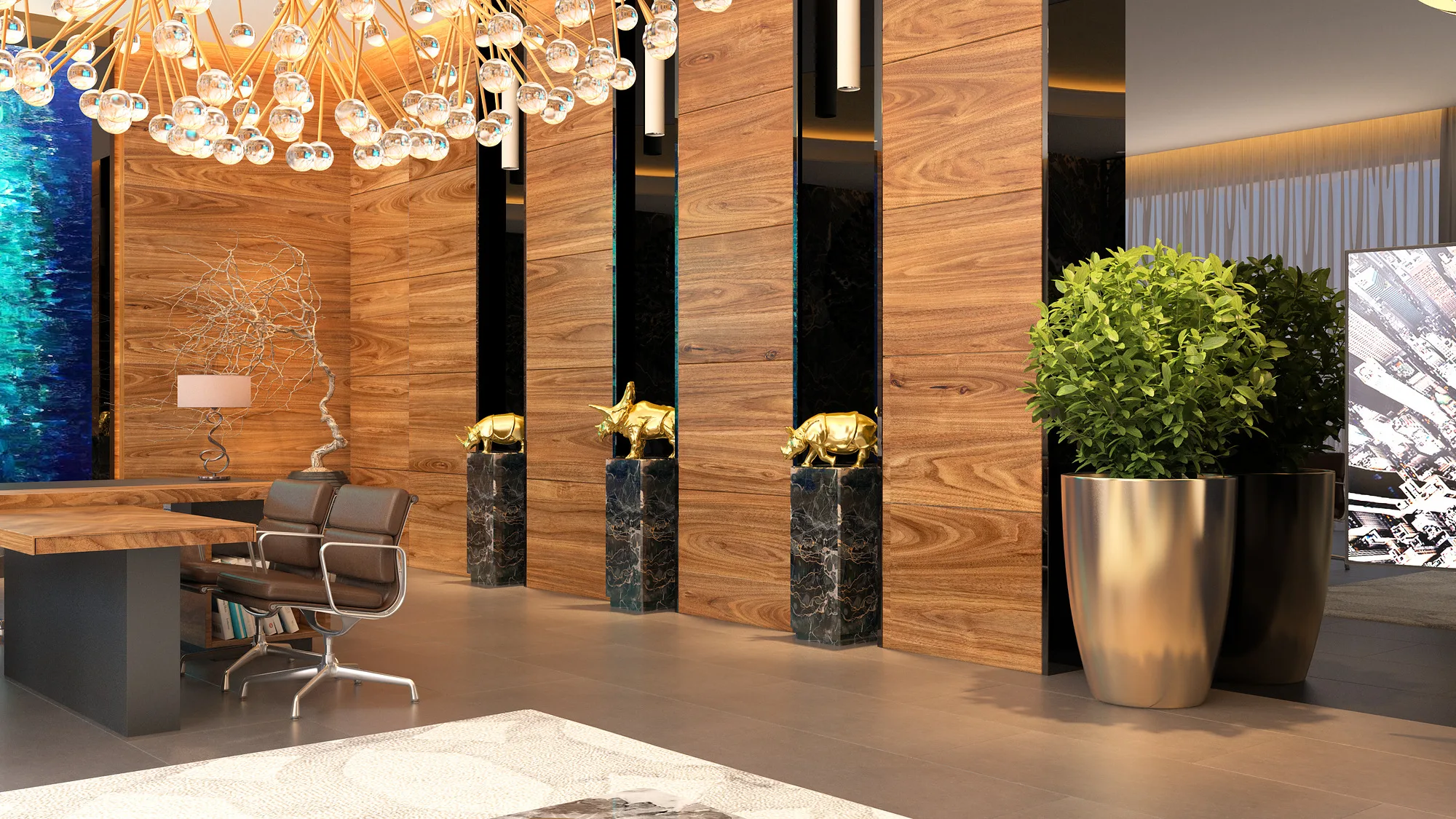 Management reception at OFB: timber panels, marble piers and bull figures on plinths — SAD studio
