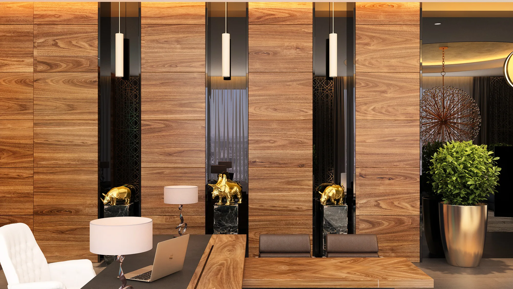 Waiting area by the OFB management offices: armchairs, table lamps and lit timber panels — SAD studio