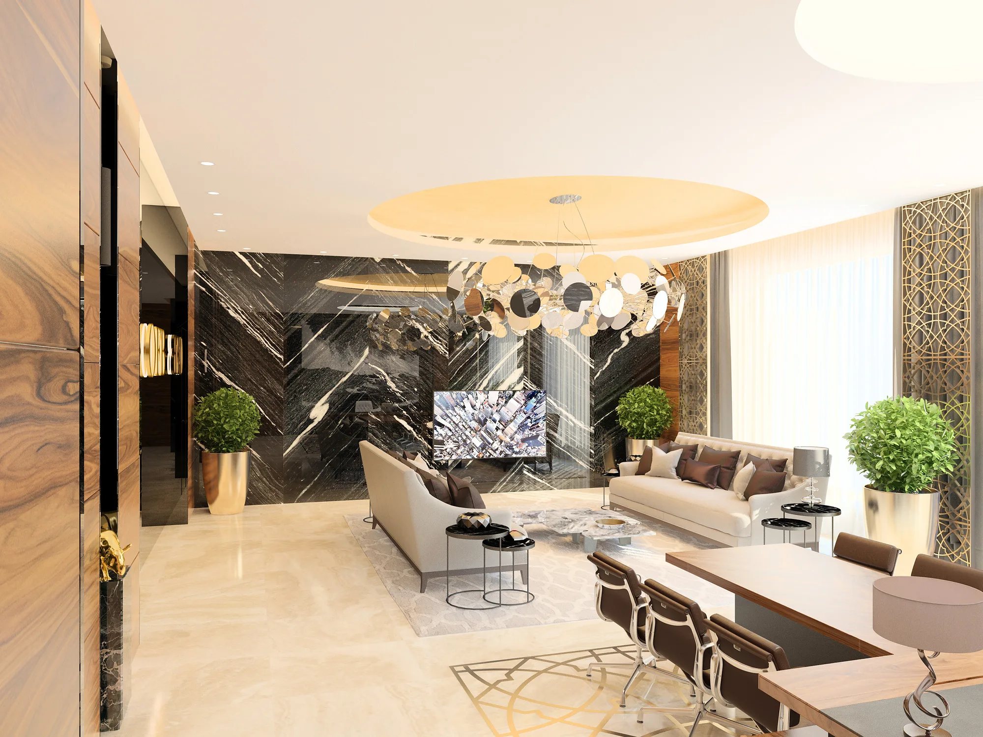 Director office at OFB: a marble wall, a meeting sofa and a large plant by the window — SAD studio