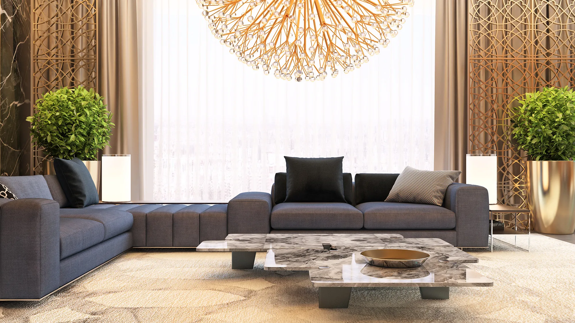 Lounge of OFB bank: a sofa along the window, a marble table and a brass chandelier — SAD studio