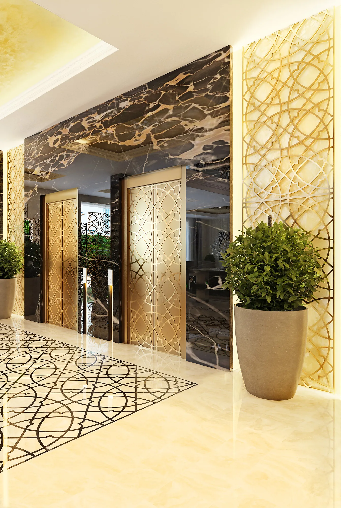 Lift hall of OFB bank: the lift doors in a marble portal and a patterned brass screen — SAD studio
