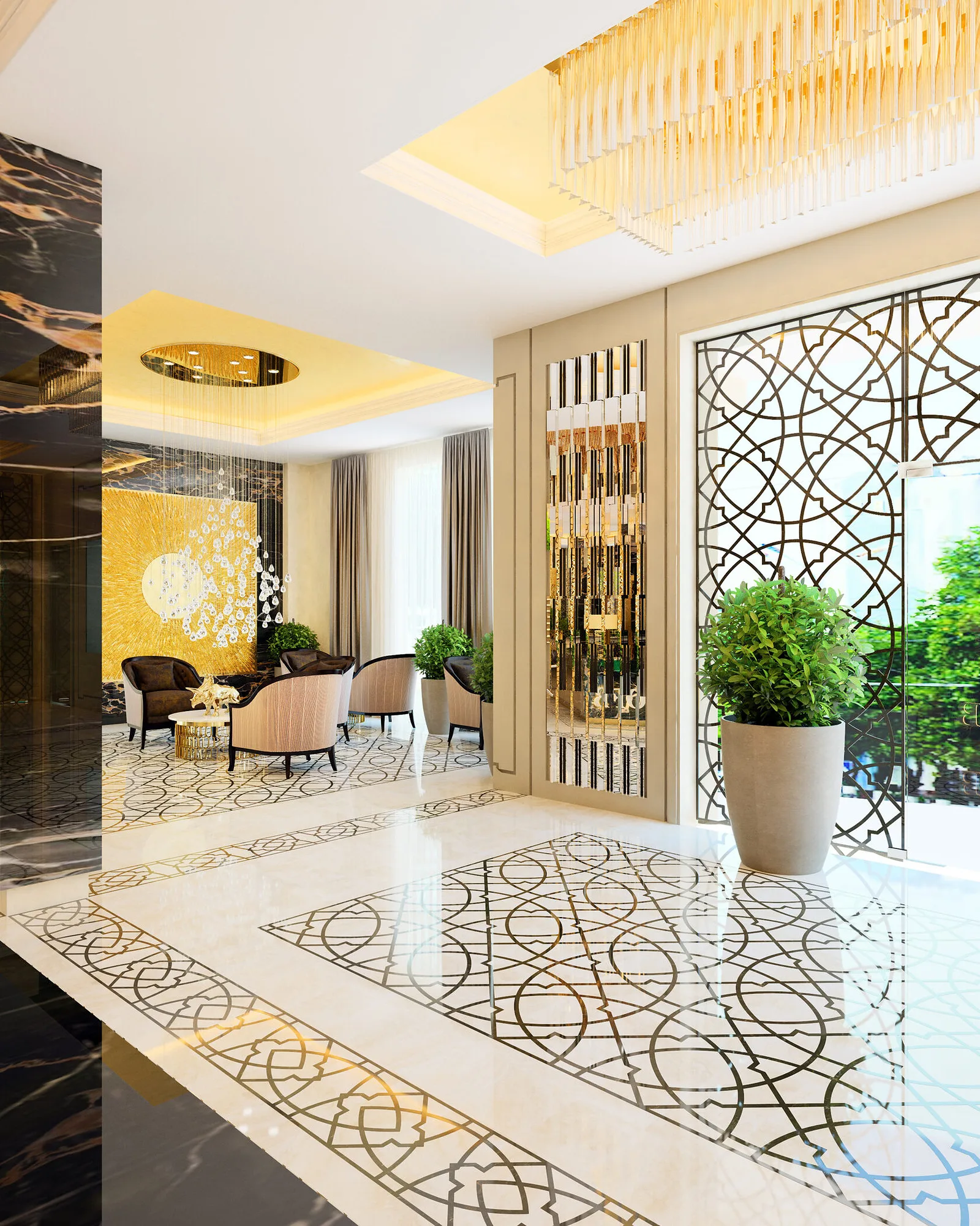 The lounge in the OFB bank hall behind lattice screens with an oriental pattern — SAD studio