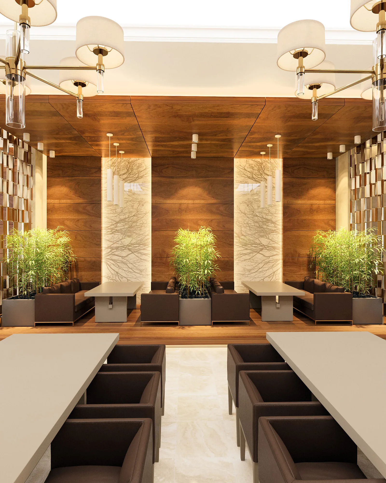 The client service zone at OFB bank: walnut-veneer walls, marble inserts and bamboo in planters — SAD studio