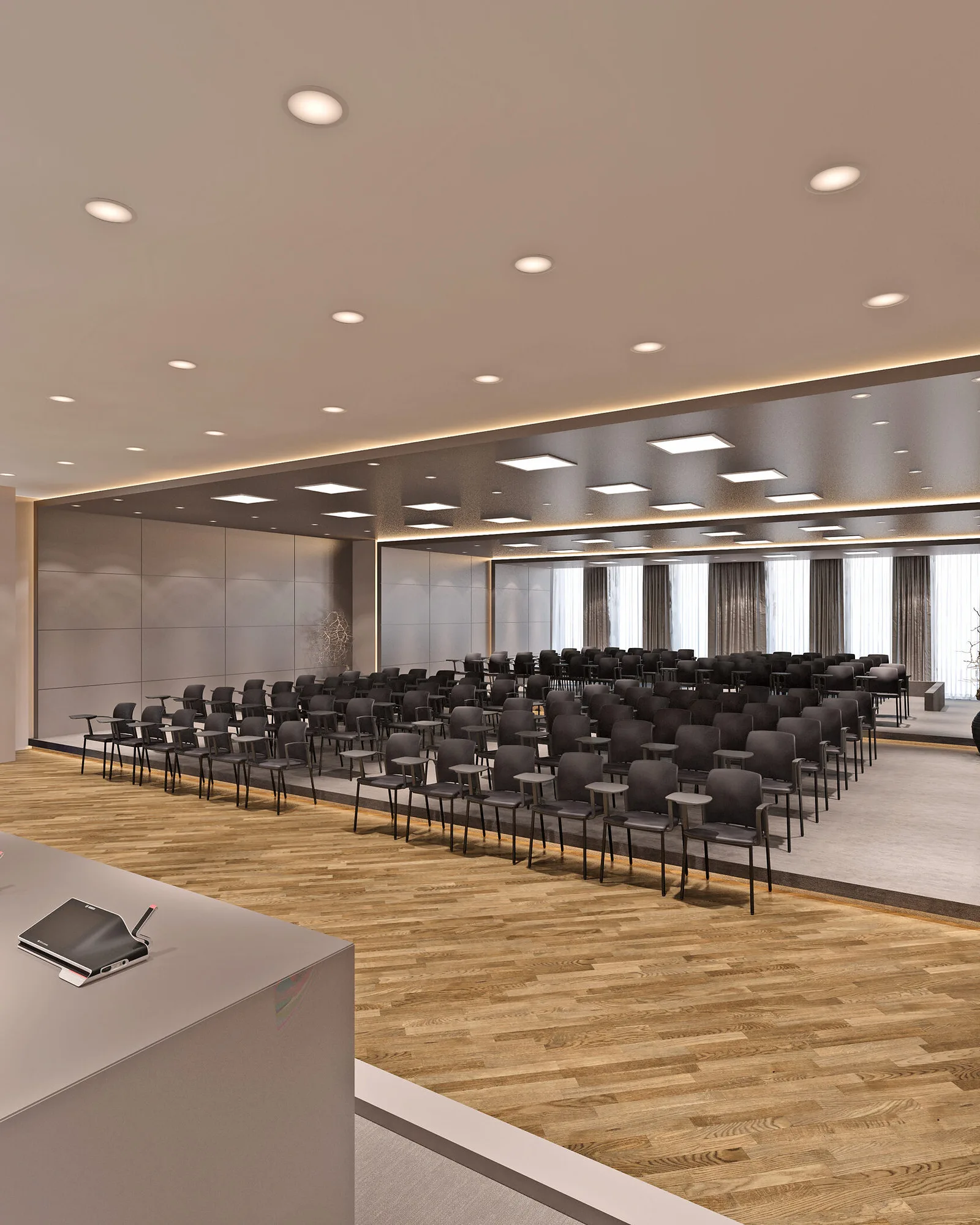 The conference hall at OFB bank: rows of chairs, a timber floor and the speakers’ table in the foreground — SAD studio