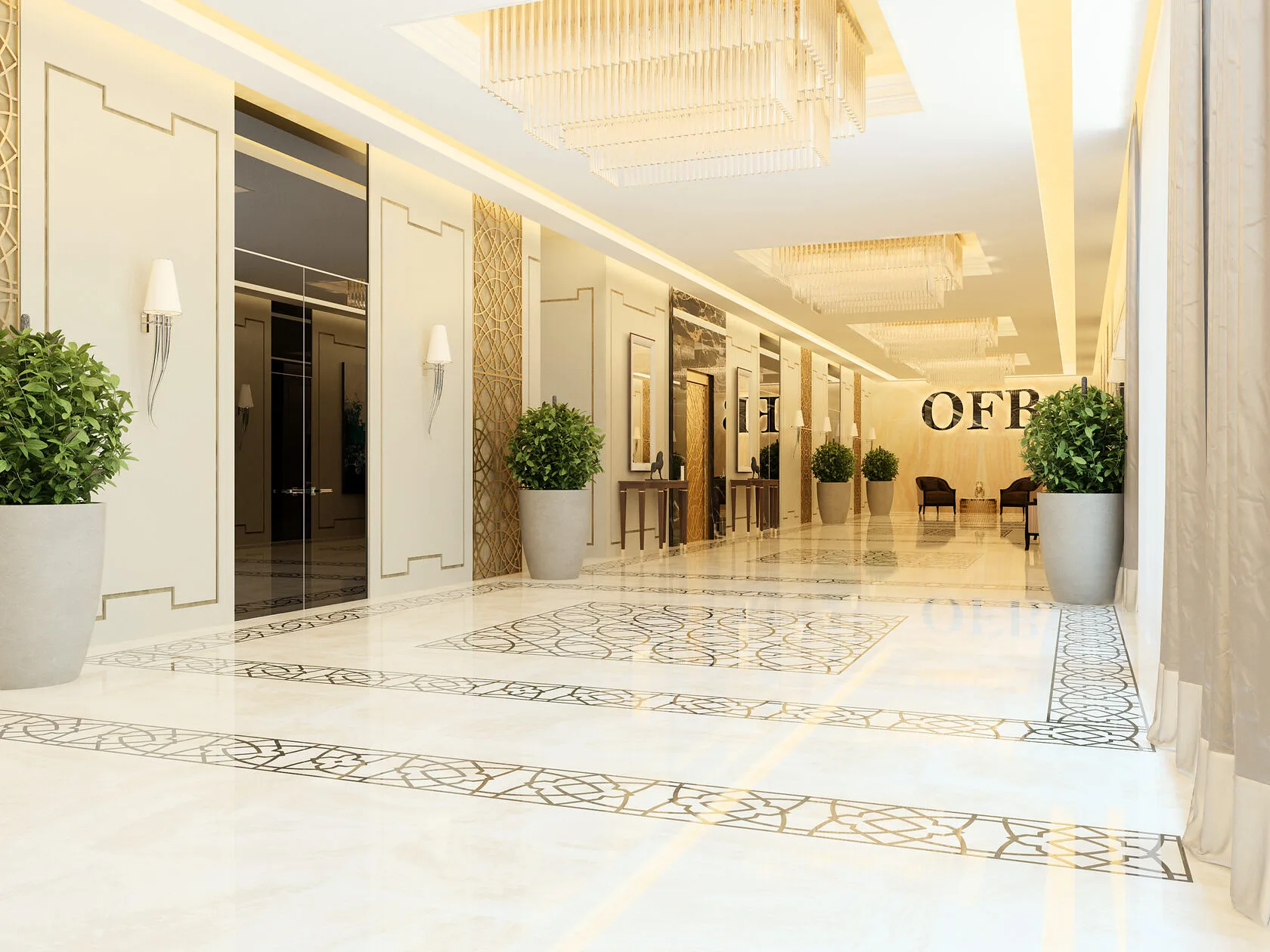 The lift lobby on the OFB bank executive floor: a patterned marble floor and the logo at the end — SAD studio