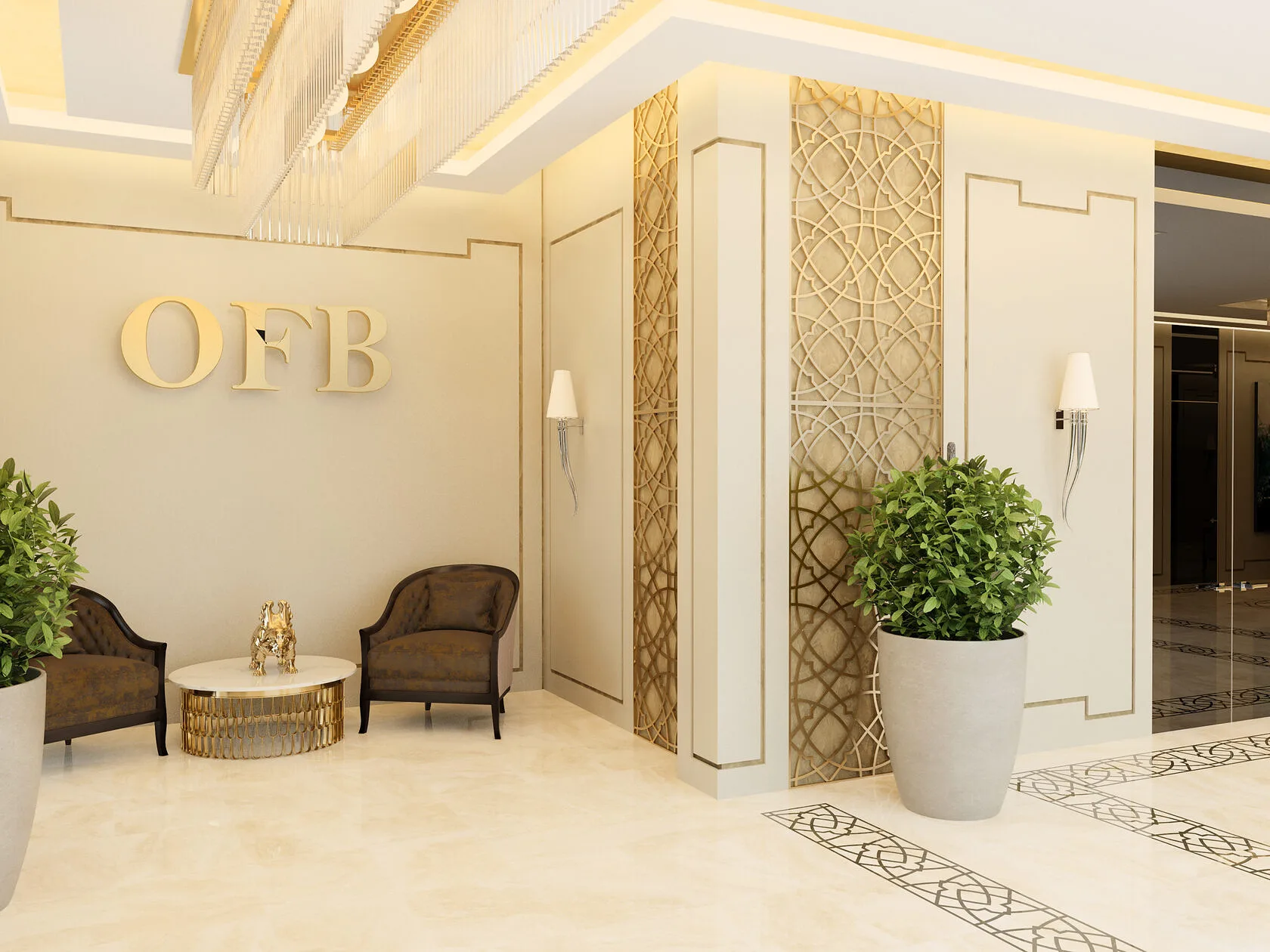 The reception on the OFB bank executive floor: the logo wall, armchairs and a brass lattice — SAD studio
