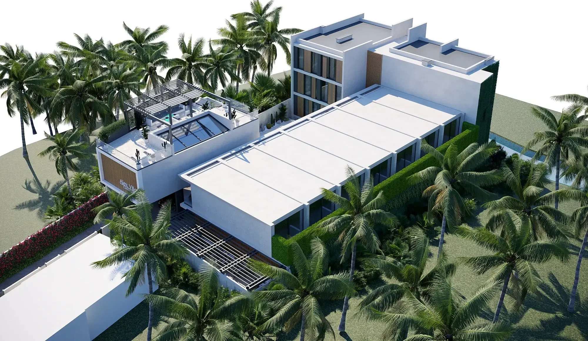 Pererenan from above: the villas, pools and palm grove