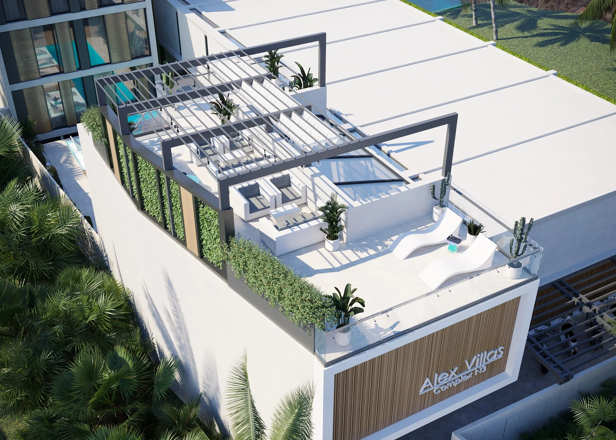 A villa roof terrace from above: the seating area and planting