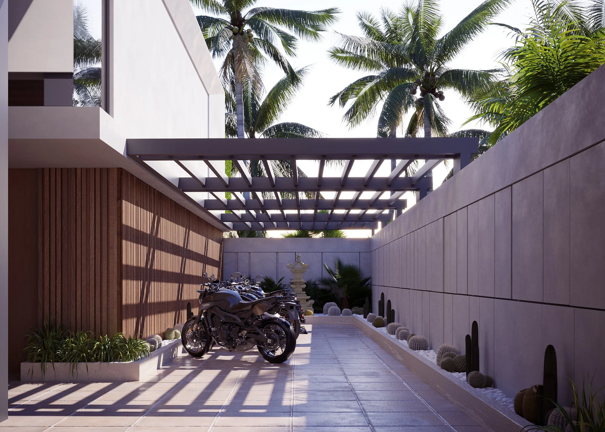 The internal driveway under the pergola