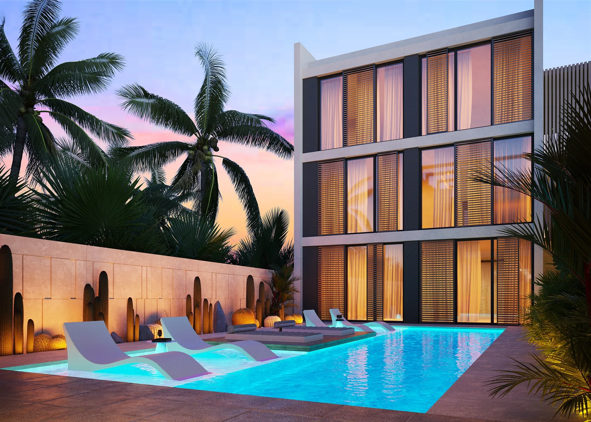 A villa and its pool at dusk, the glazing lit
