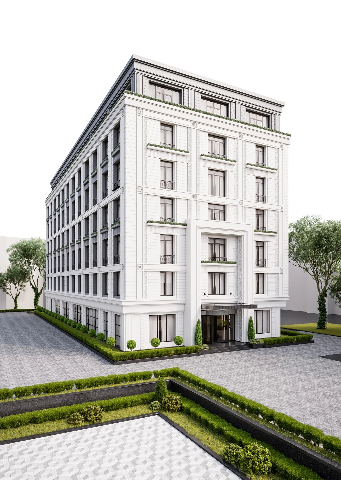 Private hotel in Tashkent: the corner of the building and the entrance square — SAD studio