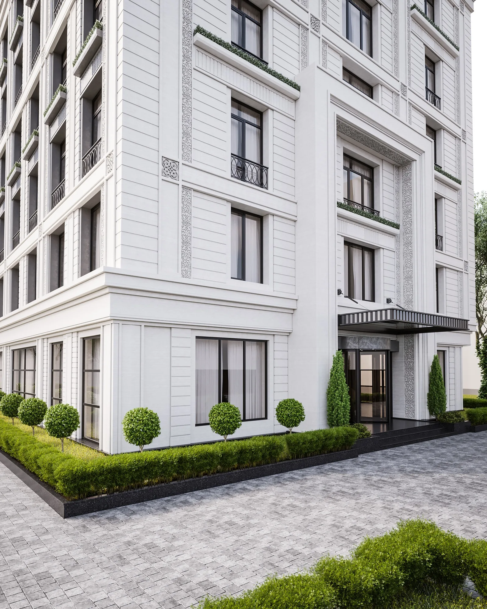 Private hotel in Tashkent: the corner with the canopied entrance — SAD studio