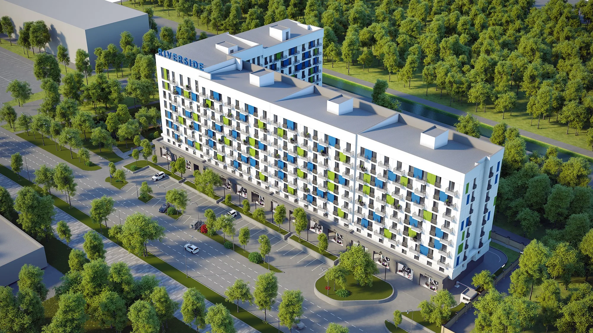 Riverside residential complex in Tashkent: aerial view of the block along the street and the parking — SAD studio
