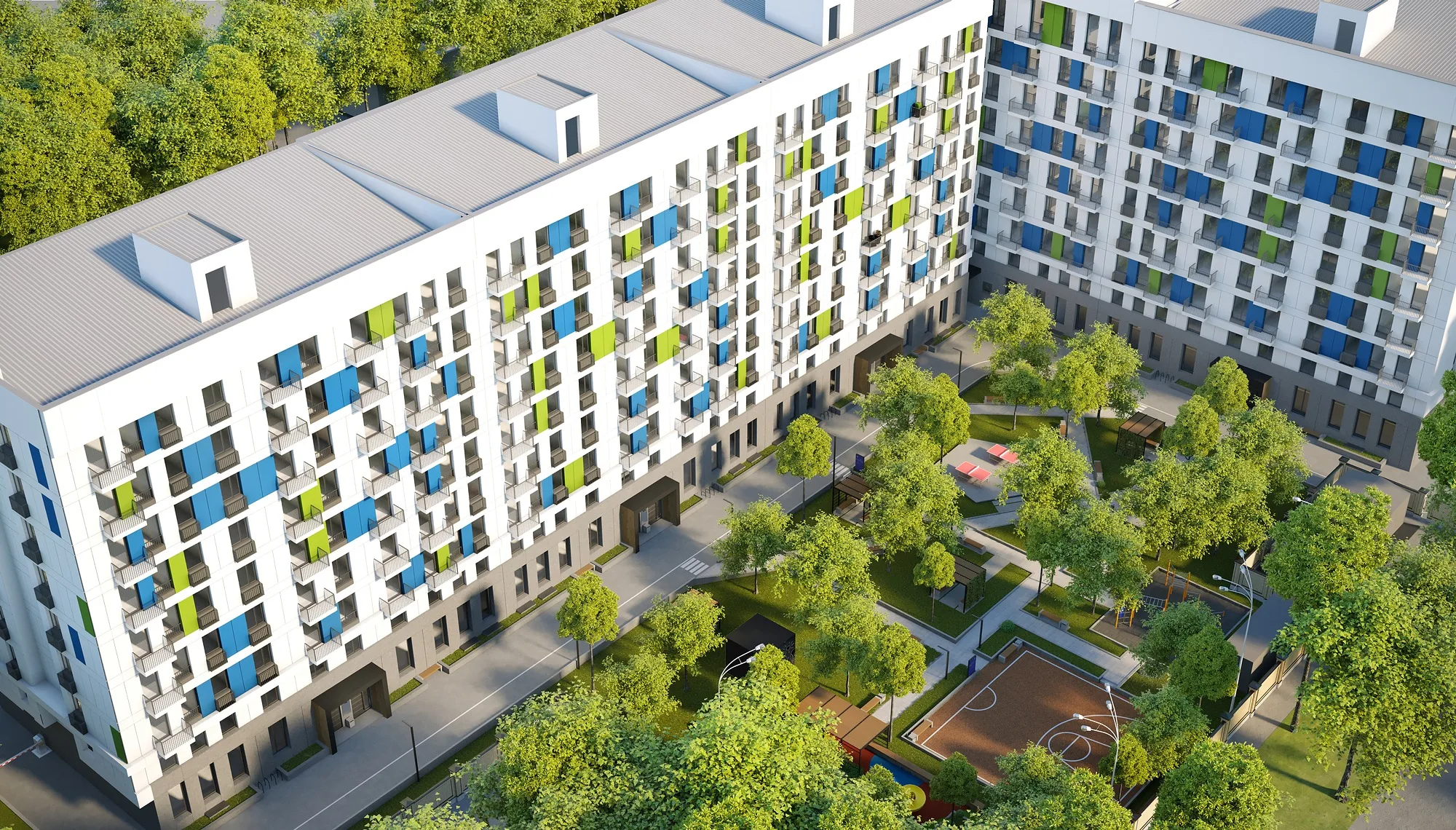 Riverside residential complex in Tashkent: aerial view of the courtyard with a sports court — SAD studio