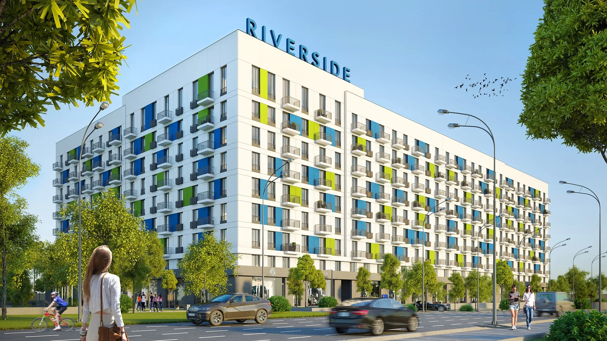 Riverside residential complex in Tashkent: the building with the Riverside sign from the street — SAD studio