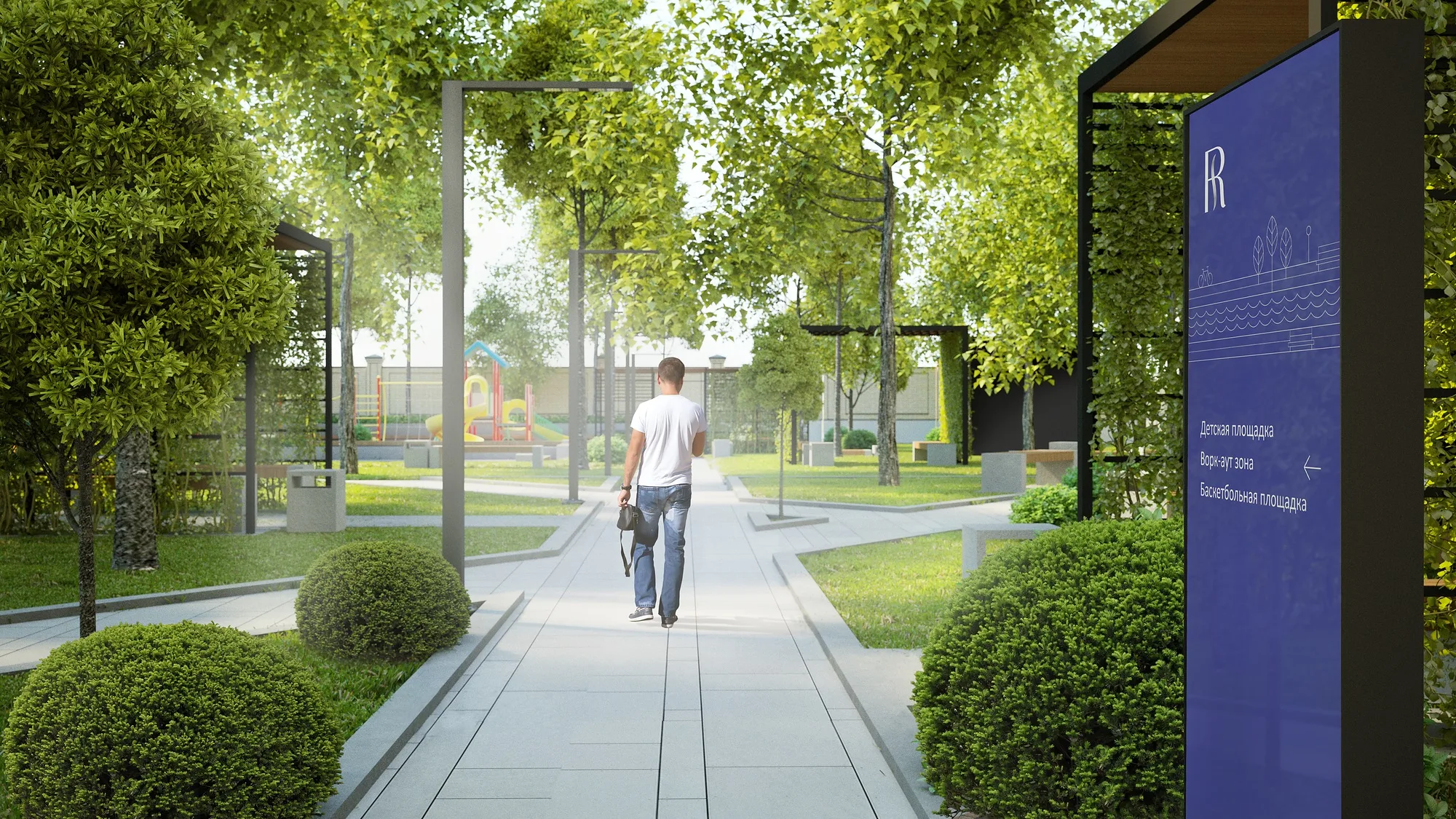 Riverside residential complex in Tashkent: a courtyard alley and a wayfinding totem — SAD studio