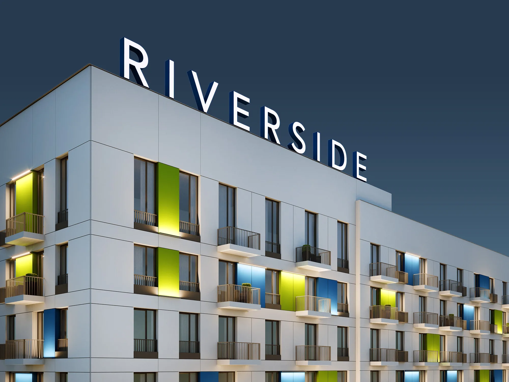 Riverside residential complex in Tashkent: the facade with the Riverside sign at dusk — SAD studio