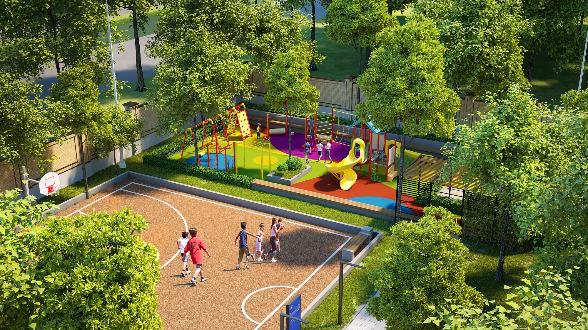 Riverside residential complex in Tashkent: the playground and basketball court in the courtyard — SAD studio