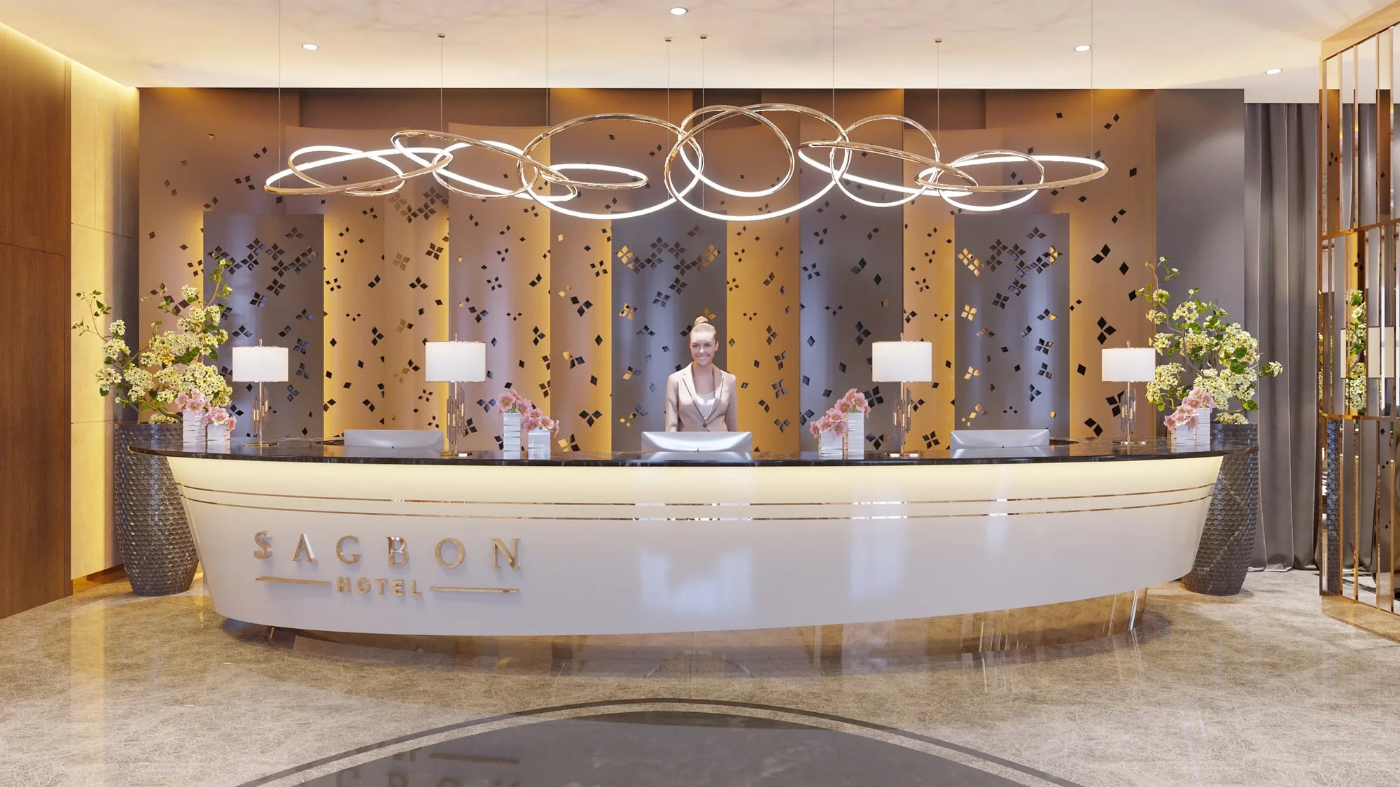 Sagbon hotel in Tashkent: the reception desk under a ring chandelier — SAD studio