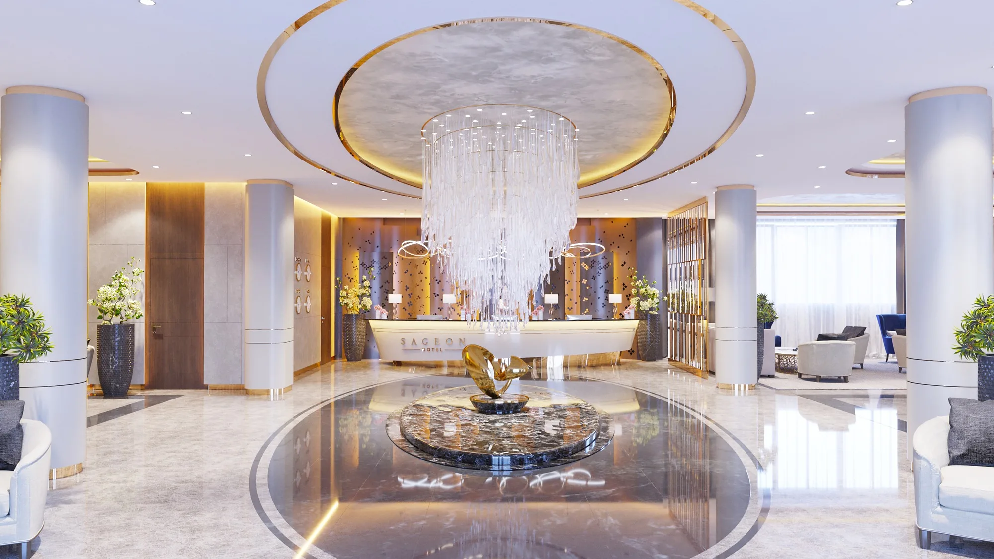 Sagbon hotel in Tashkent: the round lobby with a chandelier and a sculpture — SAD studio